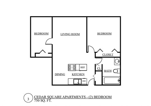 Floor plan for 2 beds, 1 bath, 750 sqft